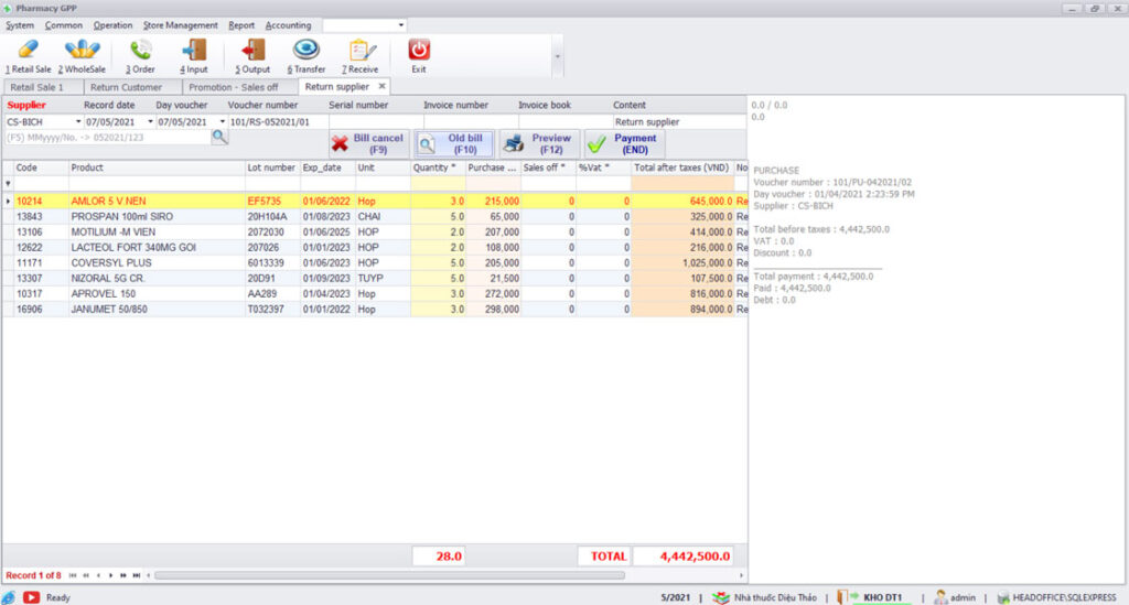 Trả hàng nhà cung cấp, phần mềm quản lý bán hàng PharmacyGPP