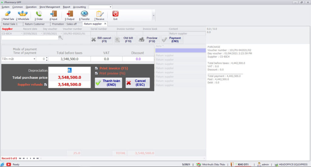 Trả hàng nhà cung cấp, phần mềm quản lý bán hàng PharmacyGPP